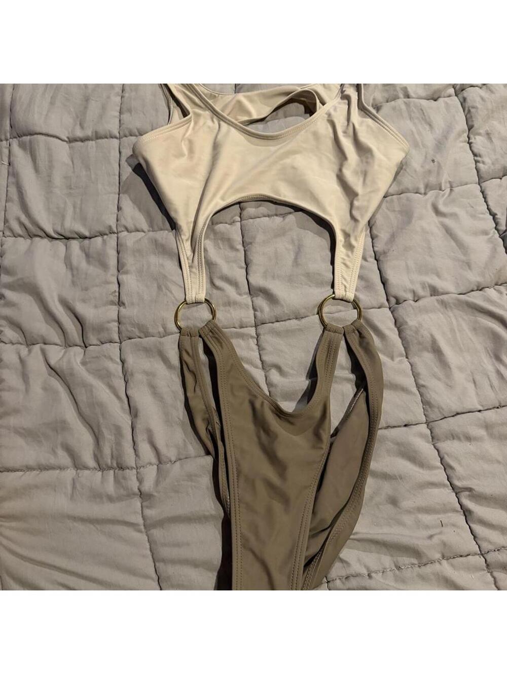 Two-Tone Cutout One Piece Swimsuit with Gold Ring Details